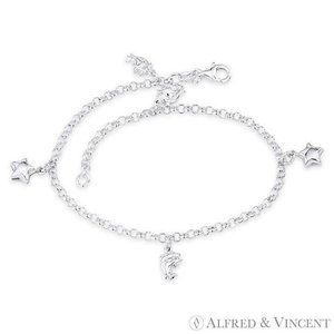 Dolphin, Star, & Rolo Link Chain Charm Anklet in Italy .925 Sterling Silver- 10"